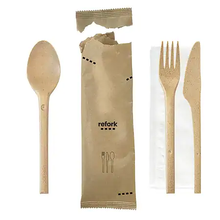 Refork bestekzakje bruin, vork, mes, lepel, servet